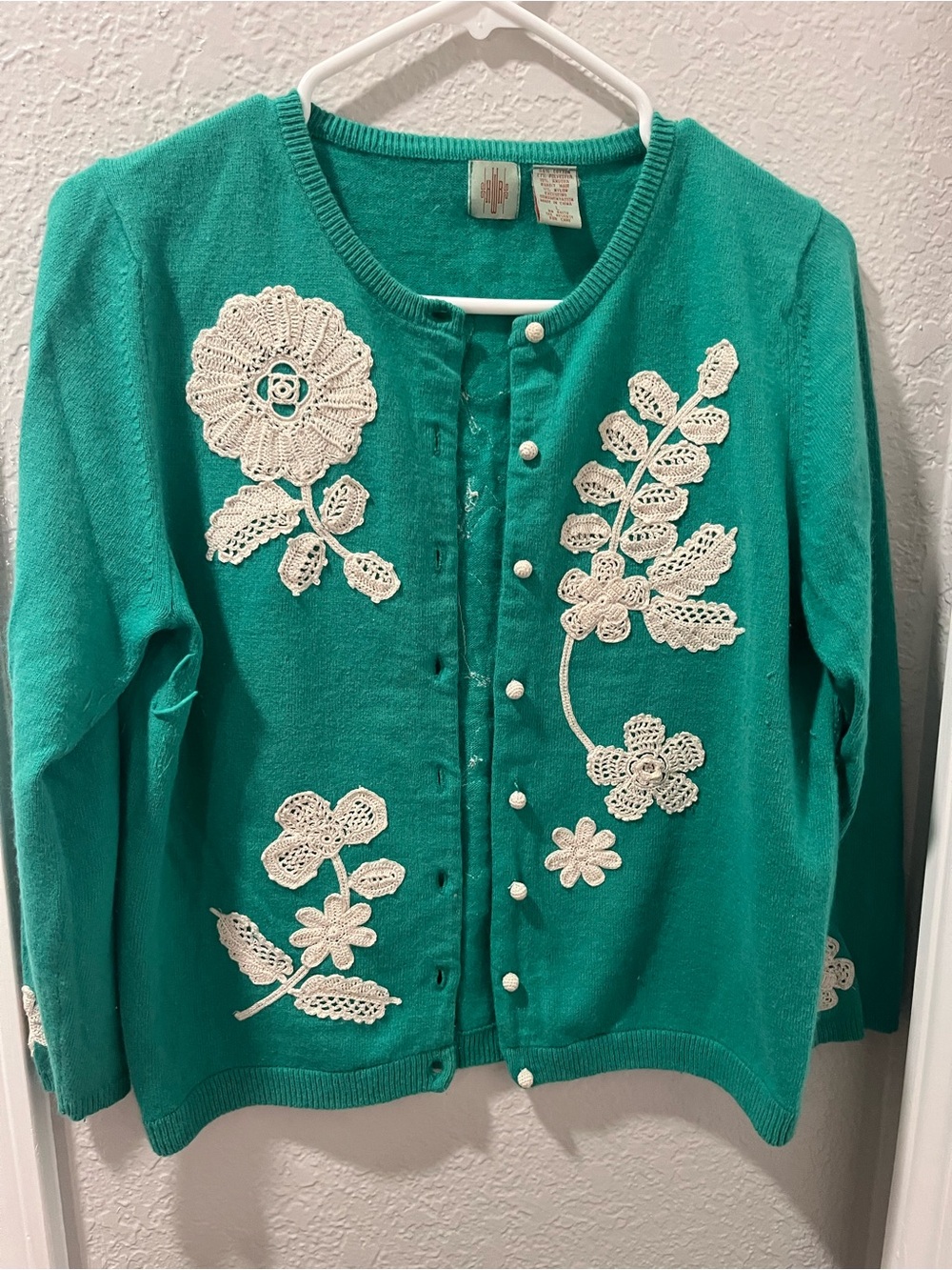 Elle Teal Green Cardigan with Cream Crochet Floral Appliqués